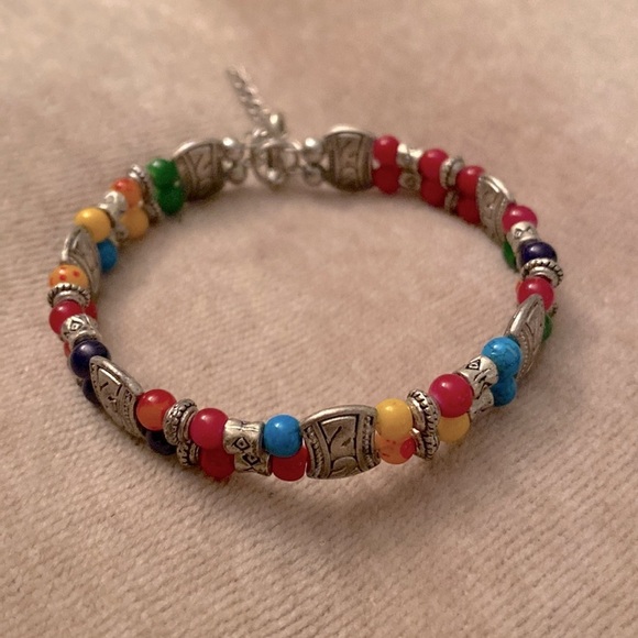 ✅Vintage Silver-tone Rainbow  Cameo Concho Red Blue Yellow Beaded Bracelet - Picture 2 of 5